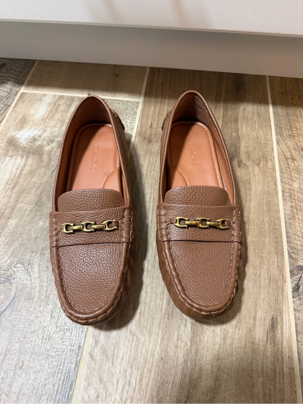 Coach Brown Leather Gold-Tone Chain Loafers